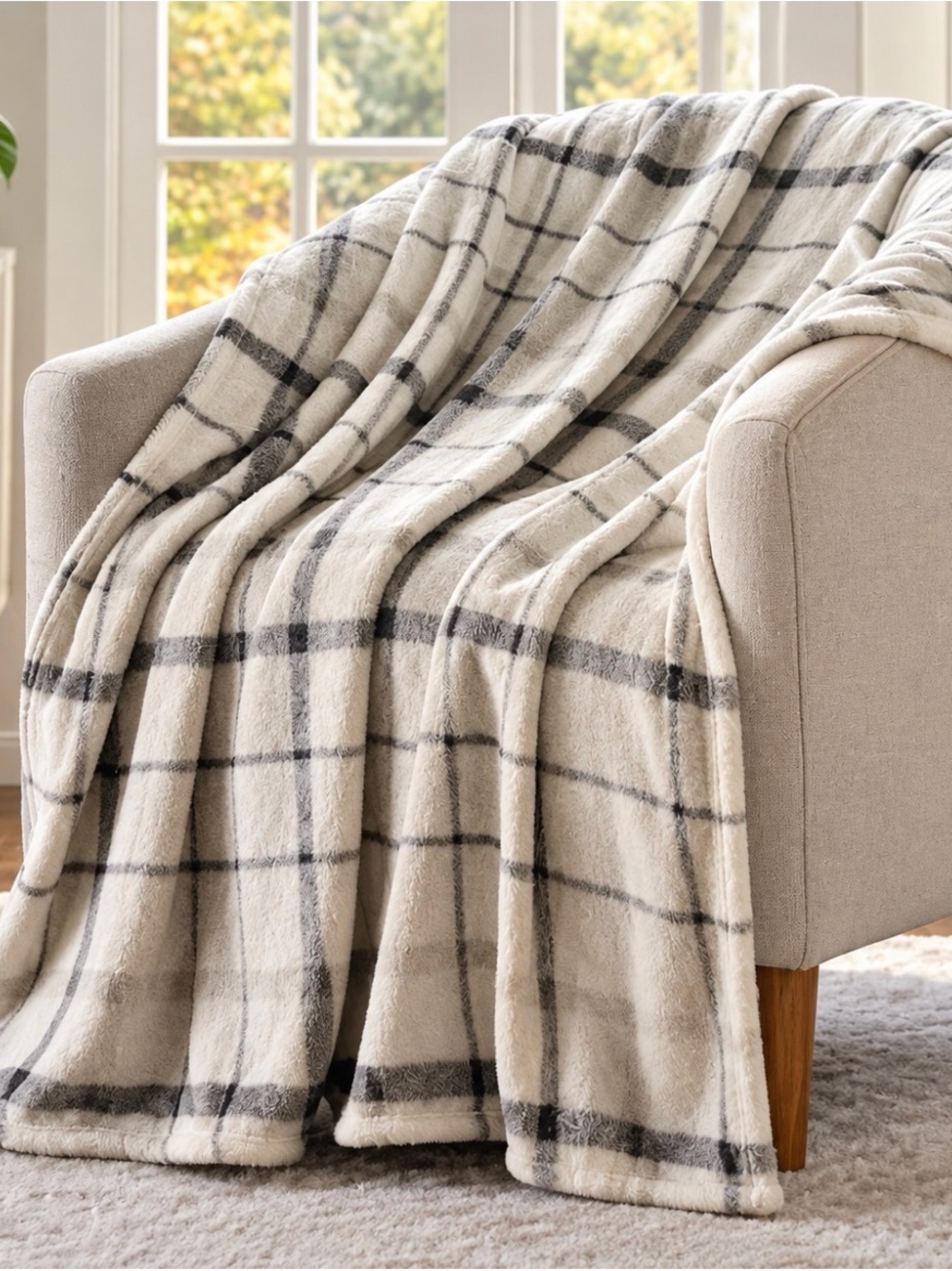 Plush Cream and Gray Plaid Throw Blanket New in package sealed 50 by 70 inches